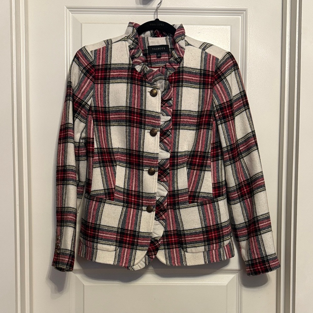 Talbots Red and Black tartan Plaid Ruffle Jacket
